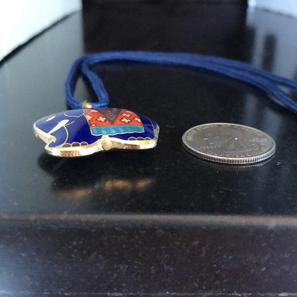Cloisonné Elephant Pendant- Vintage 1980’s- 19” Cord Necklace- Cobalt Blue/ Gold - Picture 9 of 11